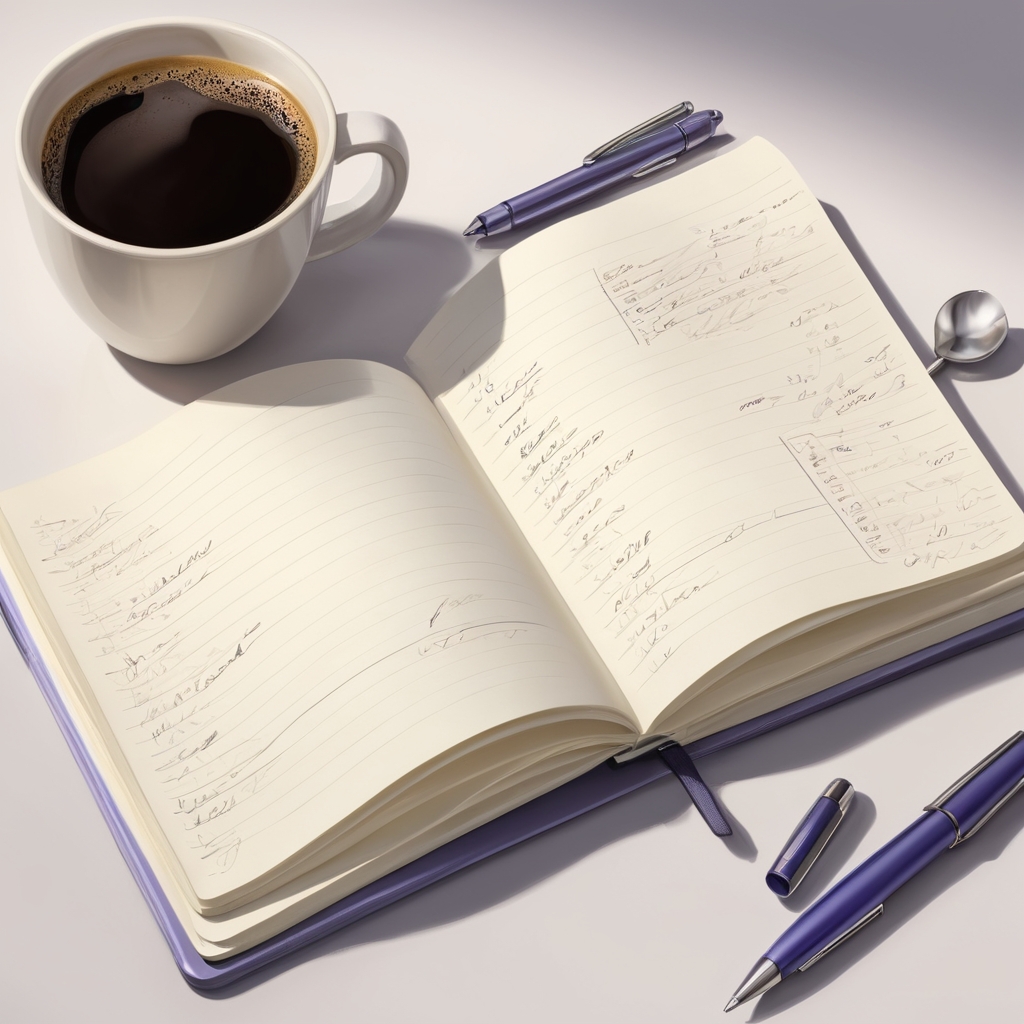 コーヒーを飲みながら手帳を書く