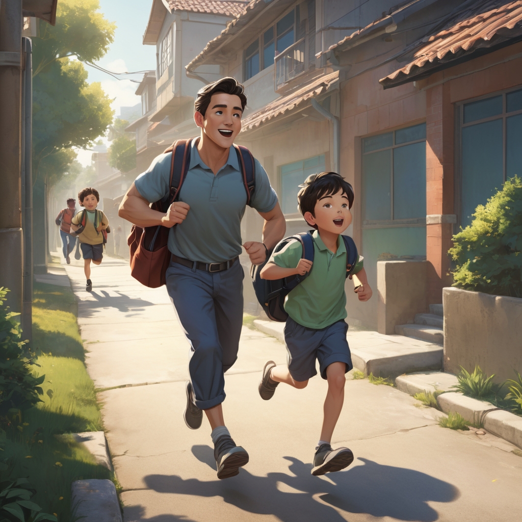 通学路を走る親子