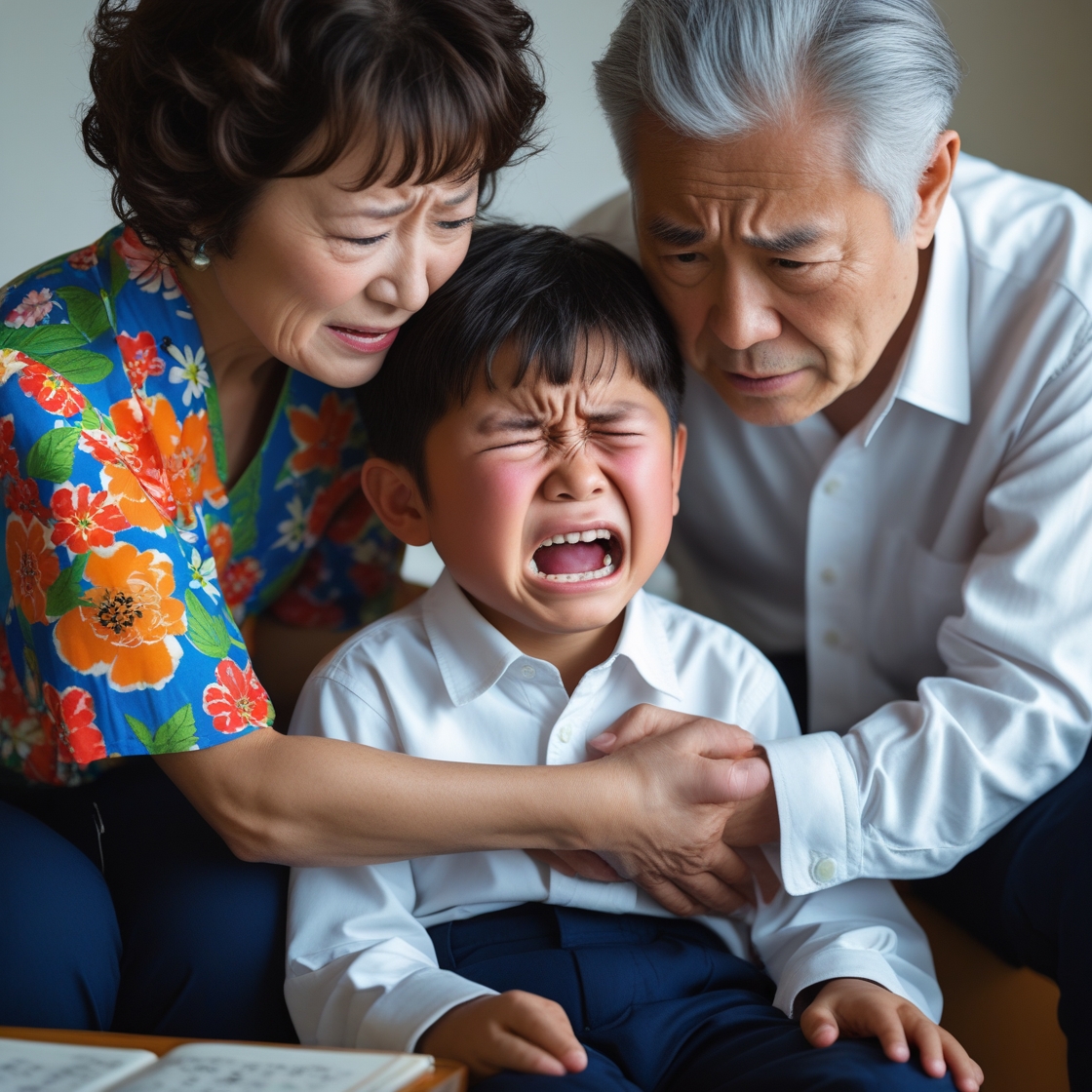 泣くこどもと心配する祖父母
