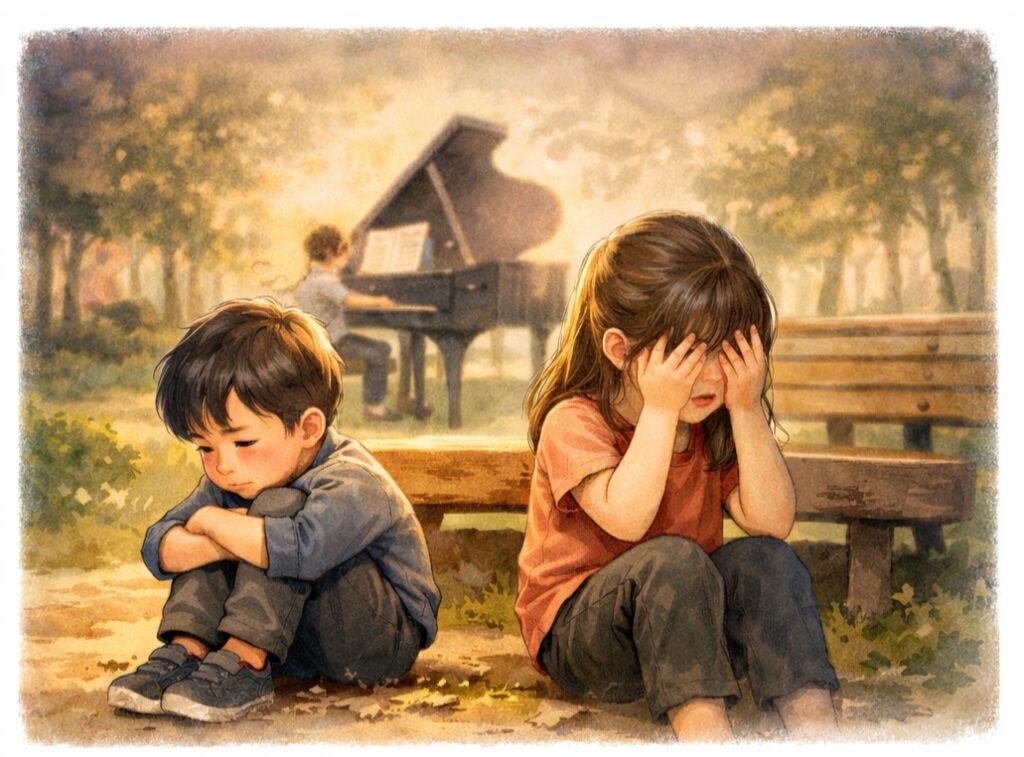 帰りたくなくて泣いている次男とピアノを辞めたくて泣いている長女